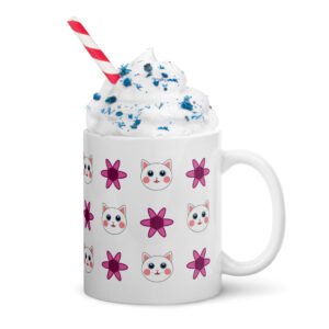 Dihtti & Flower Pattern (White) | White Glossy Mug, 11 Oz