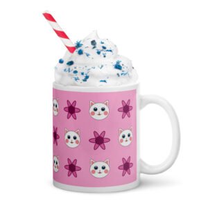 Dihtti & Flower Pattern (Light Pink) | White Glossy Mug, 11 Oz