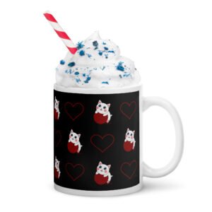 Dihtti & Heart Pattern (Black) | White Glossy Mug, 11 Oz