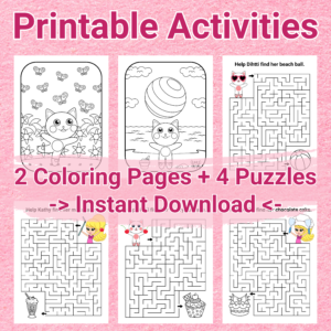 Dihtti the Kitty, Coloring & Puzzle Pages (Set 2) | Printable Digital Download (PDF)
