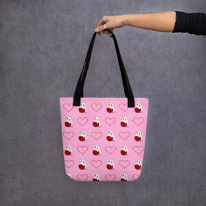 Dihtti & Heart Pattern | Hand-Made, All-Over Print Premium Tote Bag (Light Pink)