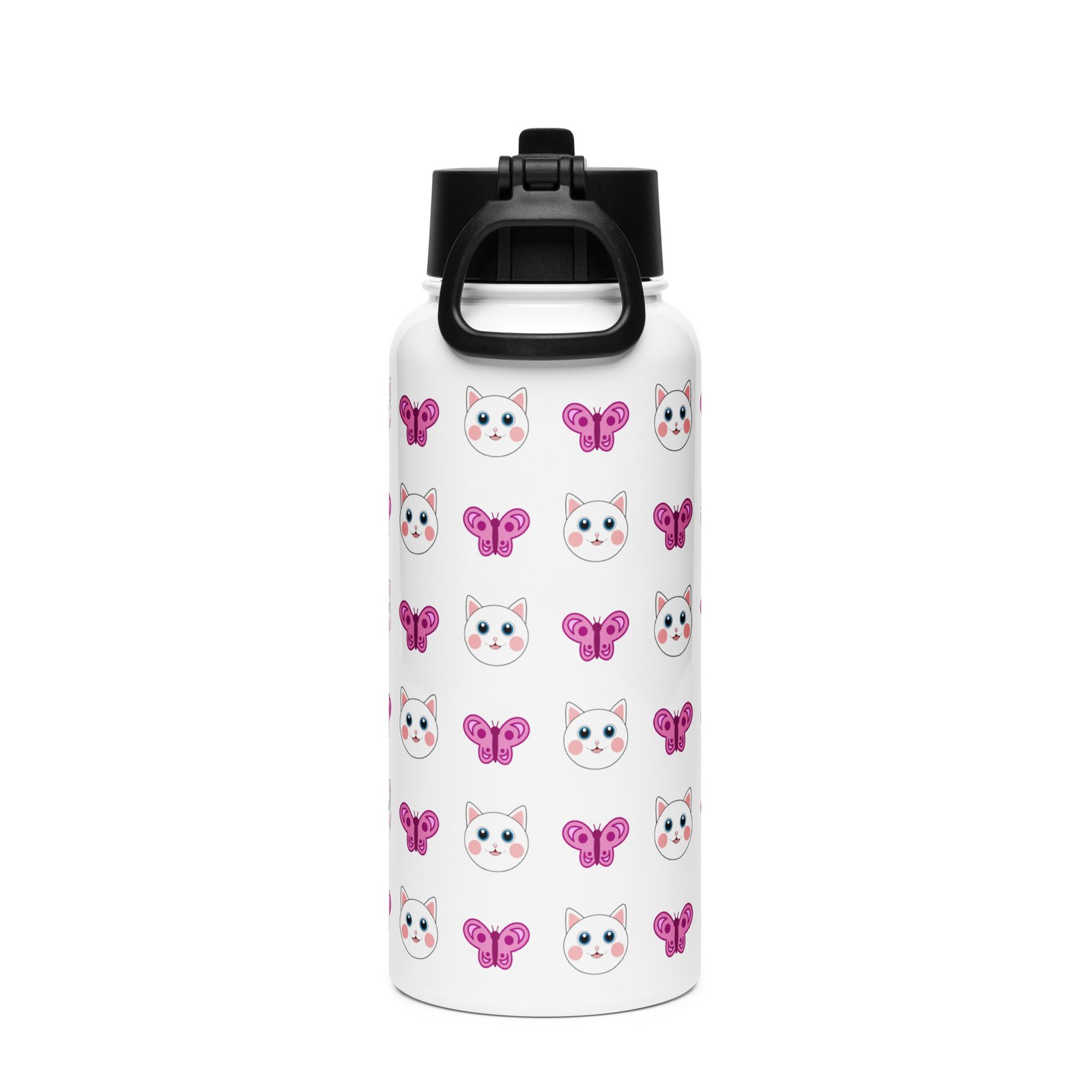 Dihtti & Butterfly Pattern (White) | Double Walled Stainless Steel Water Bottle, Vacuum Insulation, Straw Lid, 32 Oz - Image 4