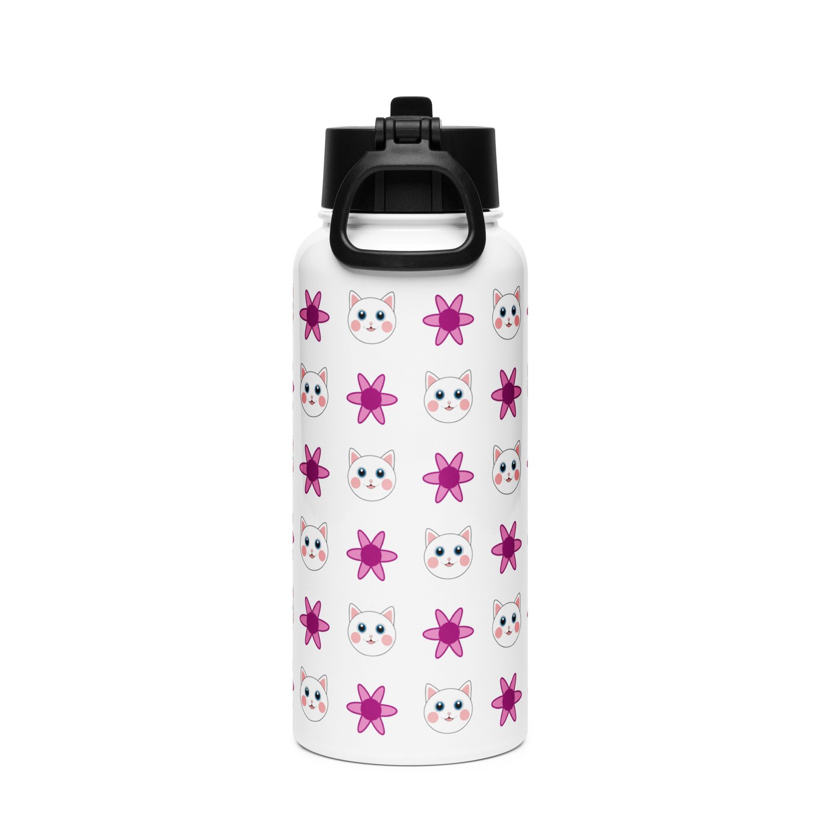 Dihtti & Flower Pattern (White) | Double Walled Stainless Steel Water Bottle, Vacuum Insulation, Straw Lid, 32 Oz - Image 4