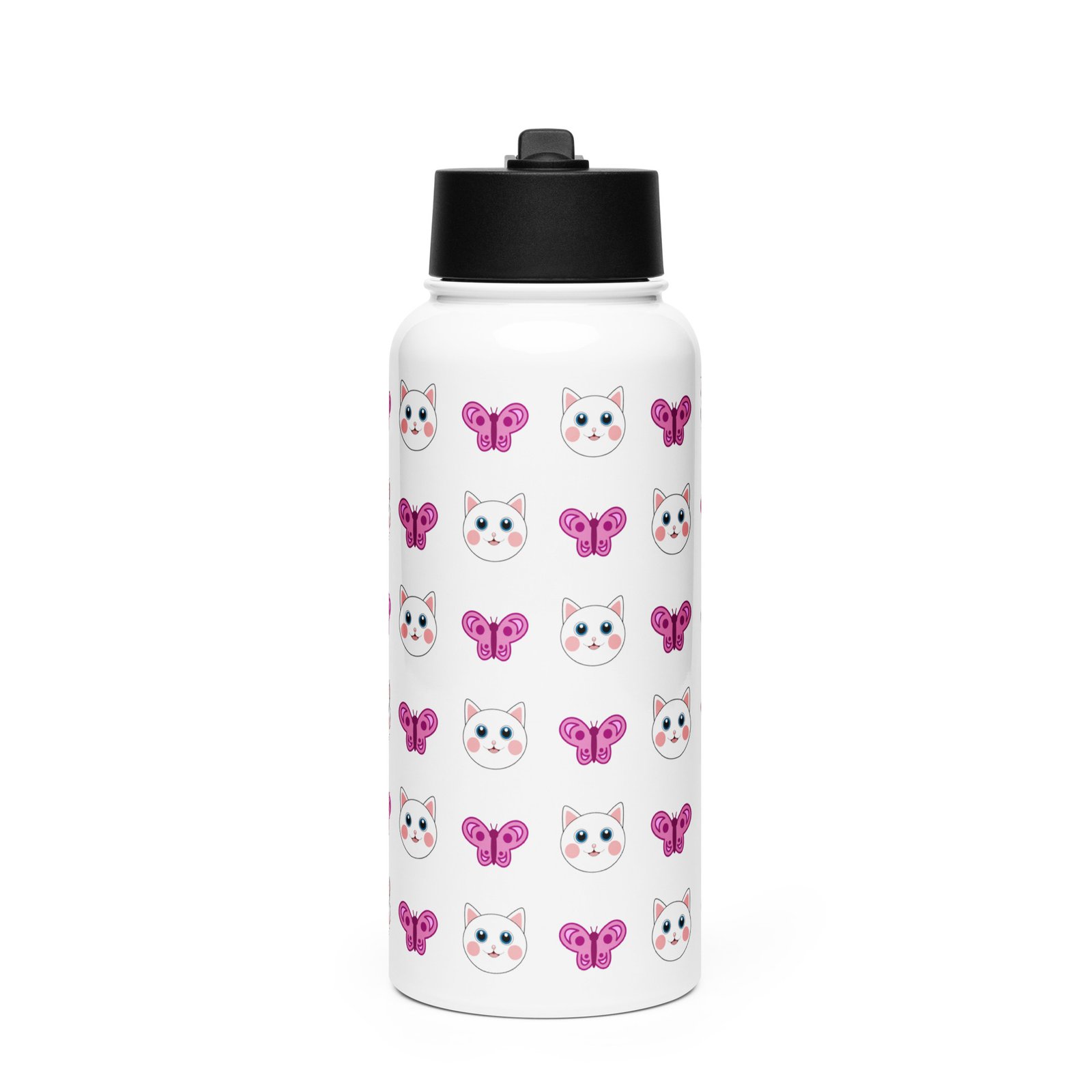 Dihtti & Butterfly Pattern (White) | Double Walled Stainless Steel Water Bottle, Vacuum Insulation, Straw Lid, 32 Oz - Image 3