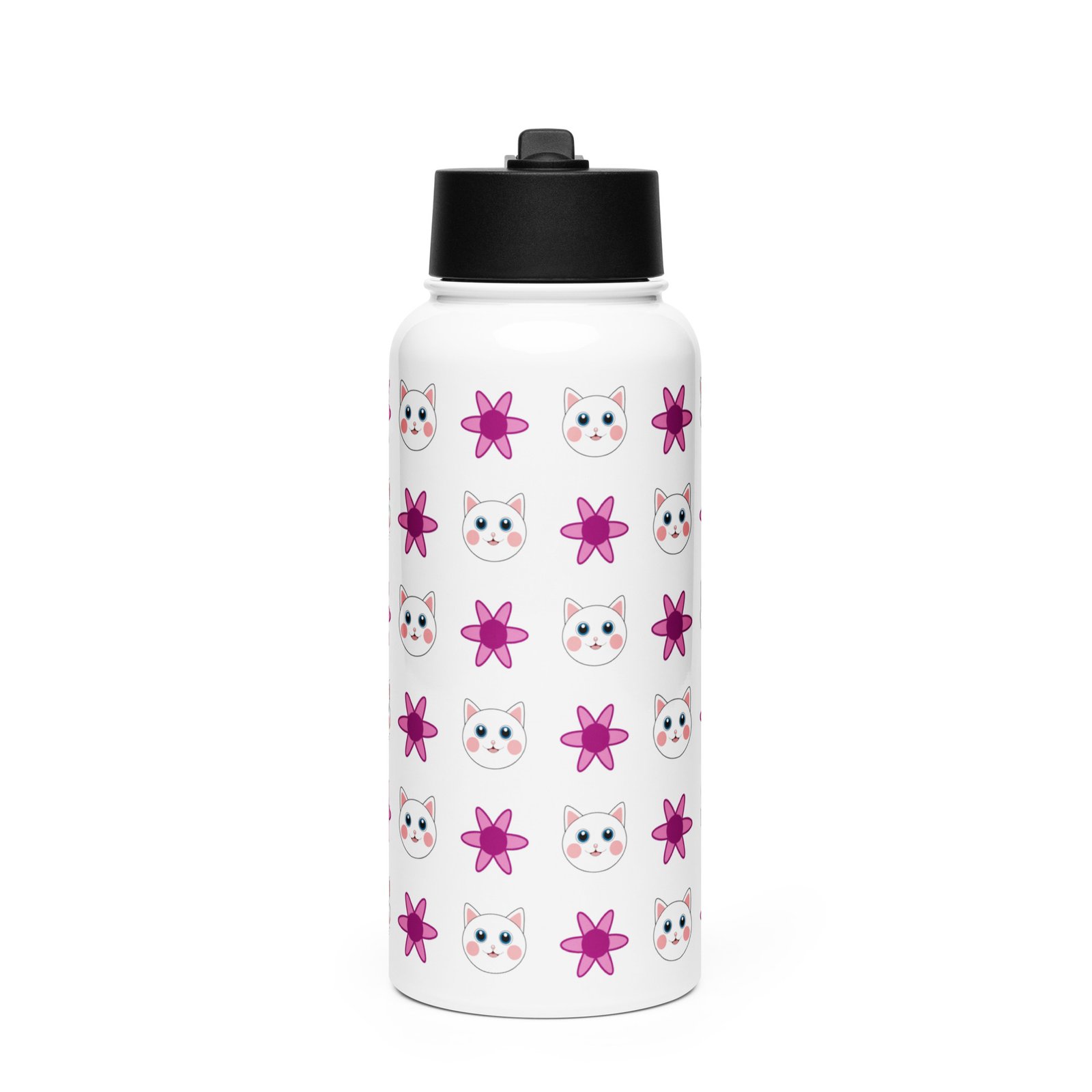 Dihtti & Flower Pattern (White) | Double Walled Stainless Steel Water Bottle, Vacuum Insulation, Straw Lid, 32 Oz - Image 3