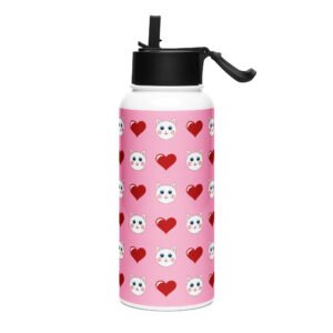 Dihtti & Heart Pattern (Pink) | Double Walled Stainless Steel Water Bottle, Vacuum Insulation, Straw Lid, 32 Oz