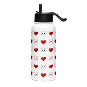 Dihtti & Heart Pattern (White) | Double Walled Stainless Steel Water Bottle, Vacuum Insulation, Straw Lid, 32 Oz