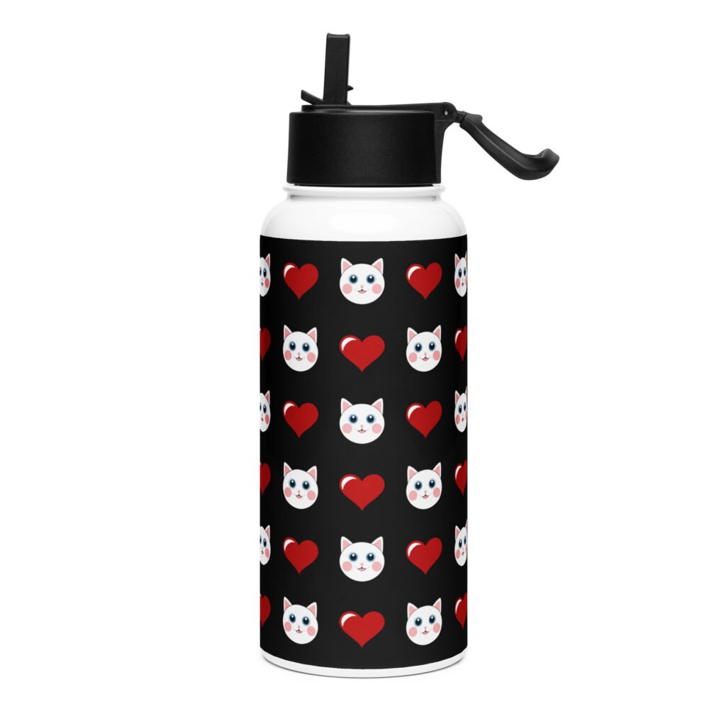 Dihtti & Heart Pattern (Black) | Double Walled Stainless Steel Water Bottle, Vacuum Insulation, Straw Lid, 32 Oz