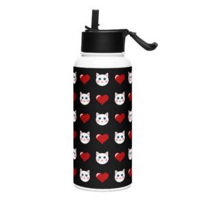 Dihtti & Heart Pattern (Black) | Double Walled Stainless Steel Water Bottle, Vacuum Insulation, Straw Lid, 32 Oz