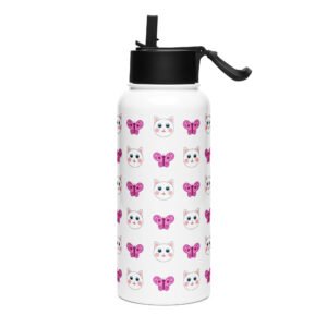 Dihtti & Butterfly Pattern (White) | Double Walled Stainless Steel Water Bottle, Vacuum Insulation, Straw Lid, 32 Oz