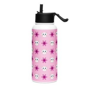 Dihtti & Flower Pattern (Light Pink) | Double Walled Stainless Steel Water Bottle, Vacuum Insulation, Straw Lid, 32 Oz