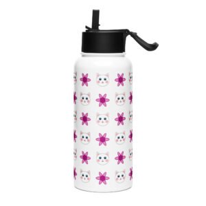 Dihtti & Flower Pattern (White) | Double Walled Stainless Steel Water Bottle, Vacuum Insulation, Straw Lid, 32 Oz
