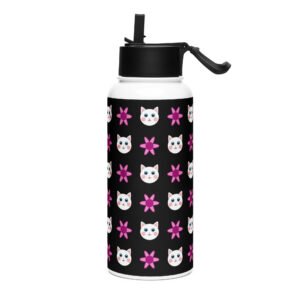 Dihtti & Flower Pattern (Black) | Double Walled Stainless Steel Water Bottle, Vacuum Insulation, Straw Lid, 32 Oz