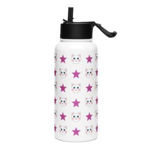 Dihtti & Star Pattern (White) | Double Walled Stainless Steel Water Bottle, Vacuum Insulation, Straw Lid, 32 Oz