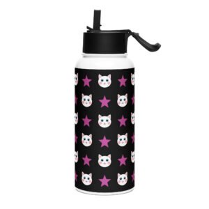 Dihtti & Star Pattern (Black) | Double Walled Stainless Steel Water Bottle, Vacuum Insulation, Straw Lid, 32 Oz