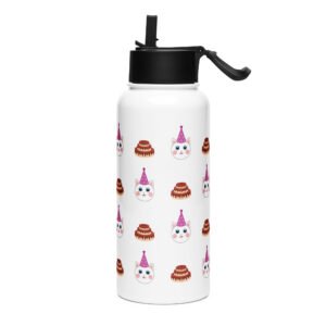 Dihtti & Cake Pattern (White) | Double Walled Stainless Steel Water Bottle, Vacuum Insulation, Straw Lid, 32 Oz