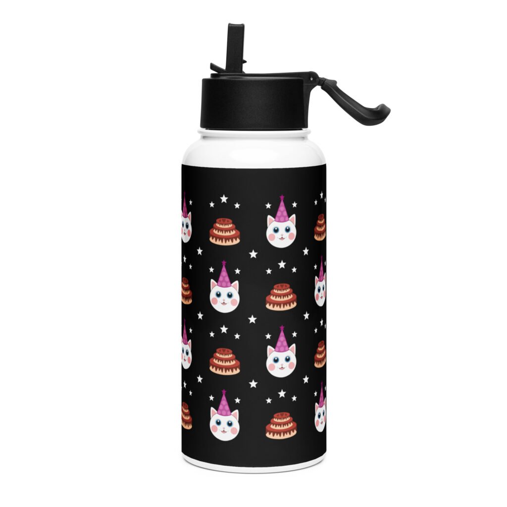 Dihtti & Cake Pattern (Black) | Double Walled Stainless Steel Water Bottle, Vacuum Insulation, Straw Lid, 32 Oz