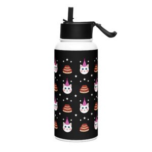 Dihtti & Cake Pattern (Black) | Double Walled Stainless Steel Water Bottle, Vacuum Insulation, Straw Lid, 32 Oz