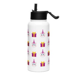 Dihtti & Gift Pattern (White) | Double Walled Stainless Steel Water Bottle, Vacuum Insulation, Straw Lid, 32 Oz
