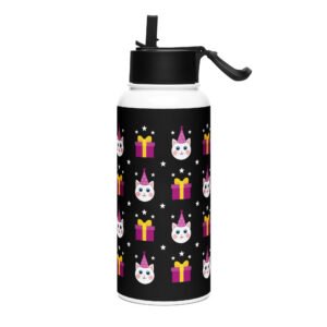 Dihtti & Gift Pattern (Black) | Double Walled Stainless Steel Water Bottle, Vacuum Insulation, Straw Lid, 32 Oz