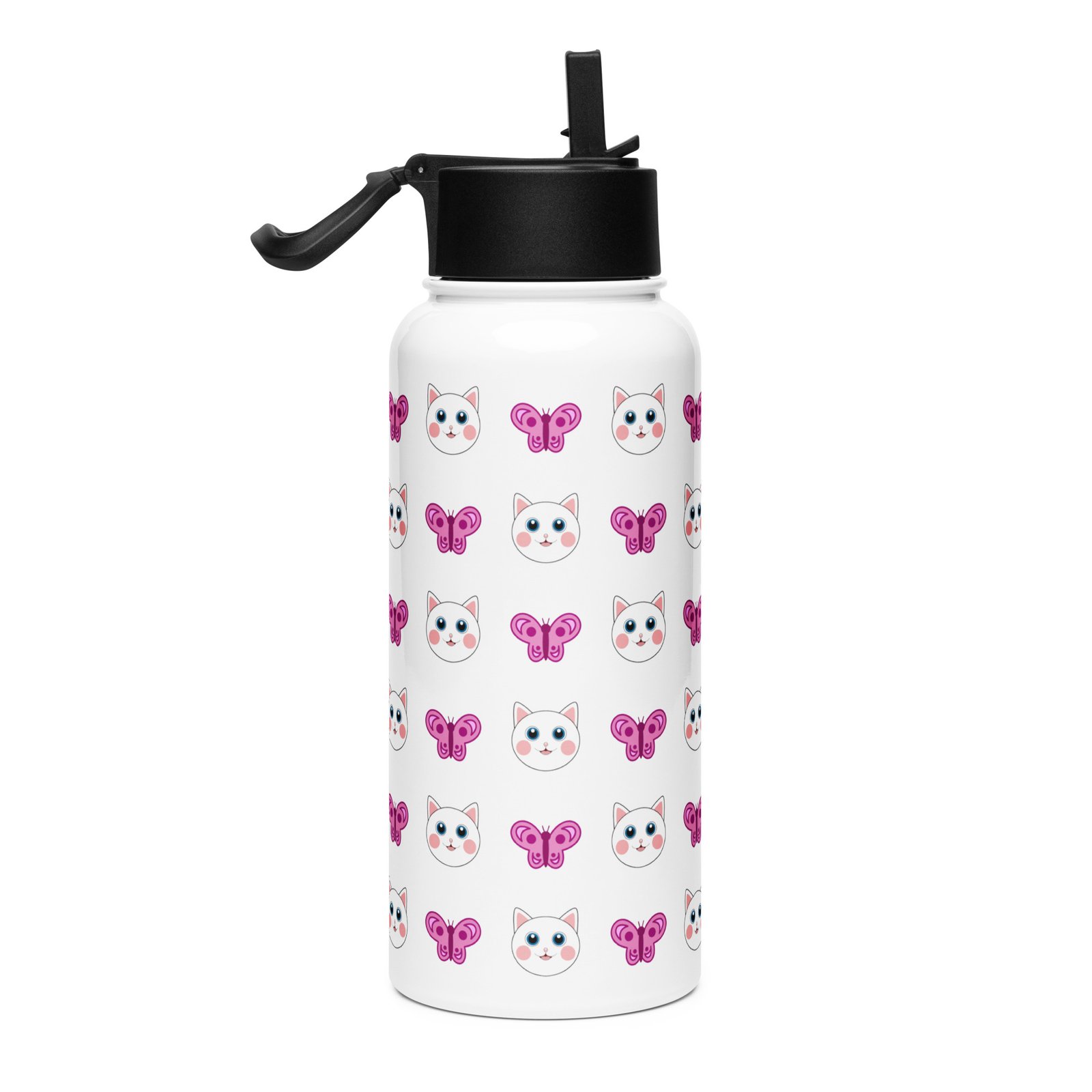 Dihtti & Butterfly Pattern (White) | Double Walled Stainless Steel Water Bottle, Vacuum Insulation, Straw Lid, 32 Oz - Image 2