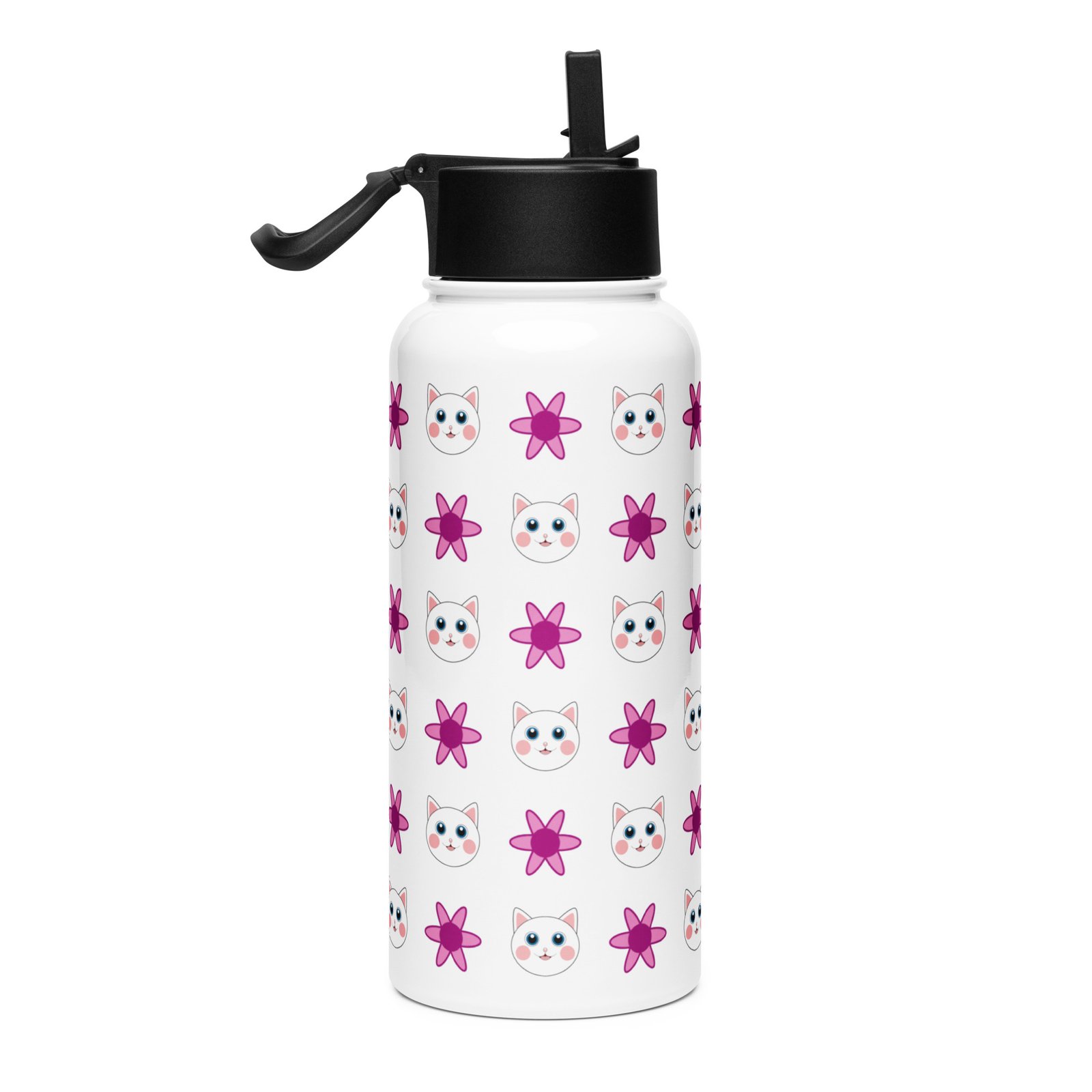 Dihtti & Flower Pattern (White) | Double Walled Stainless Steel Water Bottle, Vacuum Insulation, Straw Lid, 32 Oz - Image 2