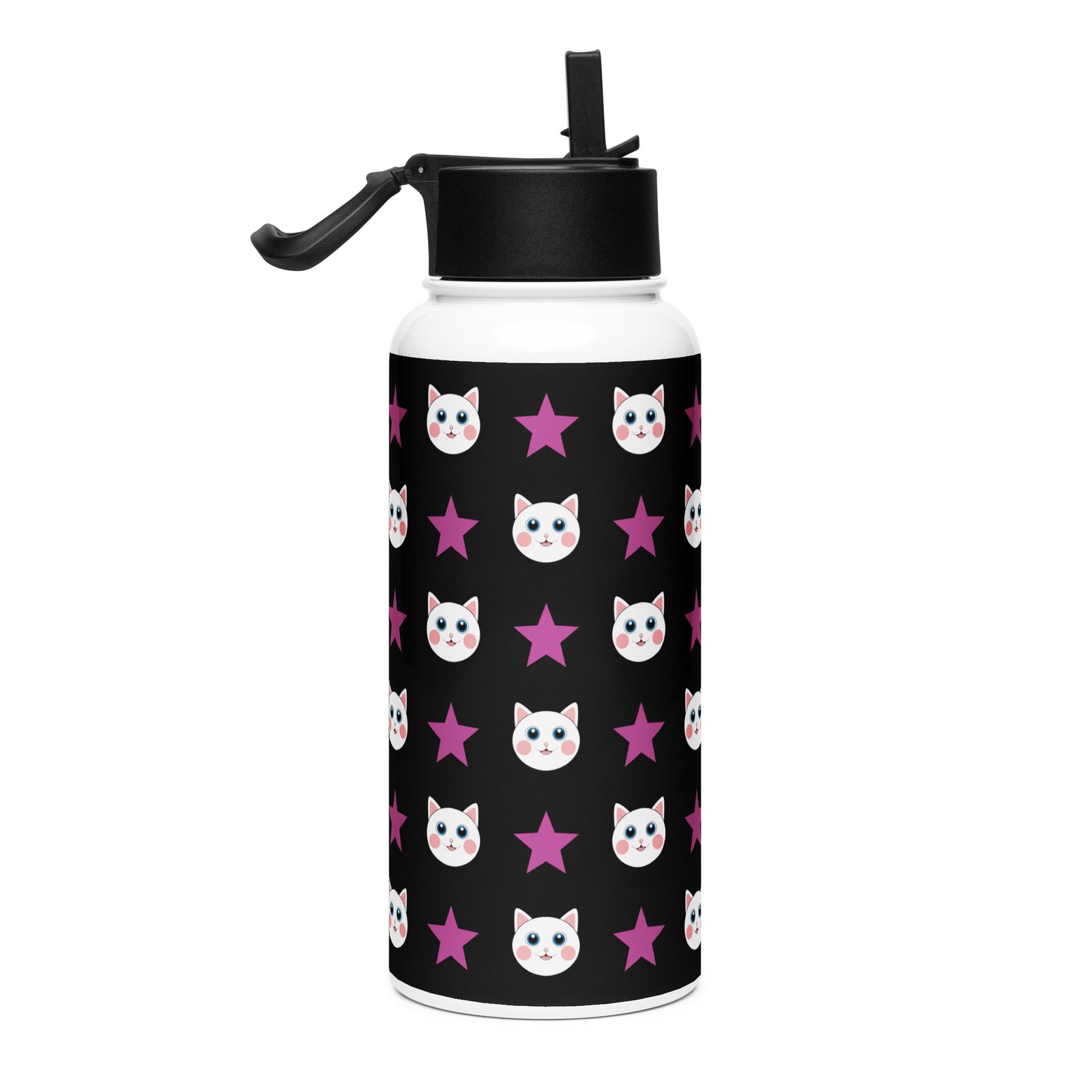 Dihtti & Star Pattern (Black) | Double Walled Stainless Steel Water Bottle, Vacuum Insulation, Straw Lid, 32 Oz - Image 2