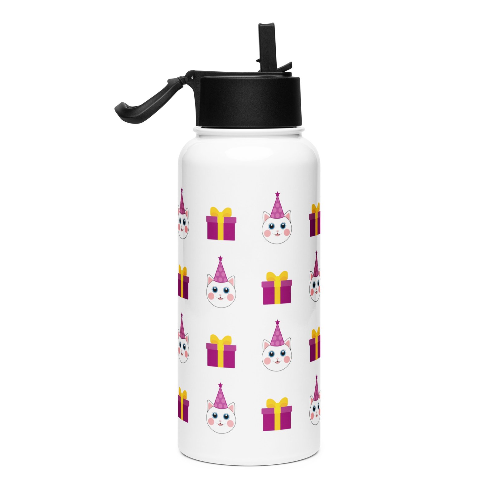Dihtti & Gift Pattern (White) | Double Walled Stainless Steel Water Bottle, Vacuum Insulation, Straw Lid, 32 Oz - Image 2