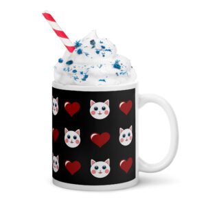 Dihtti & Heart Pattern (Black) | White Glossy Mug, 11 Oz